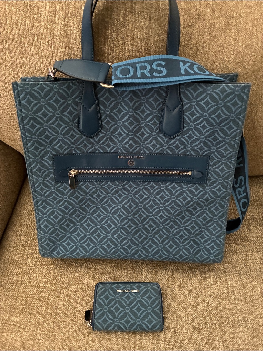 Michael Kors Teal Patterned Tote with Matching Wallet